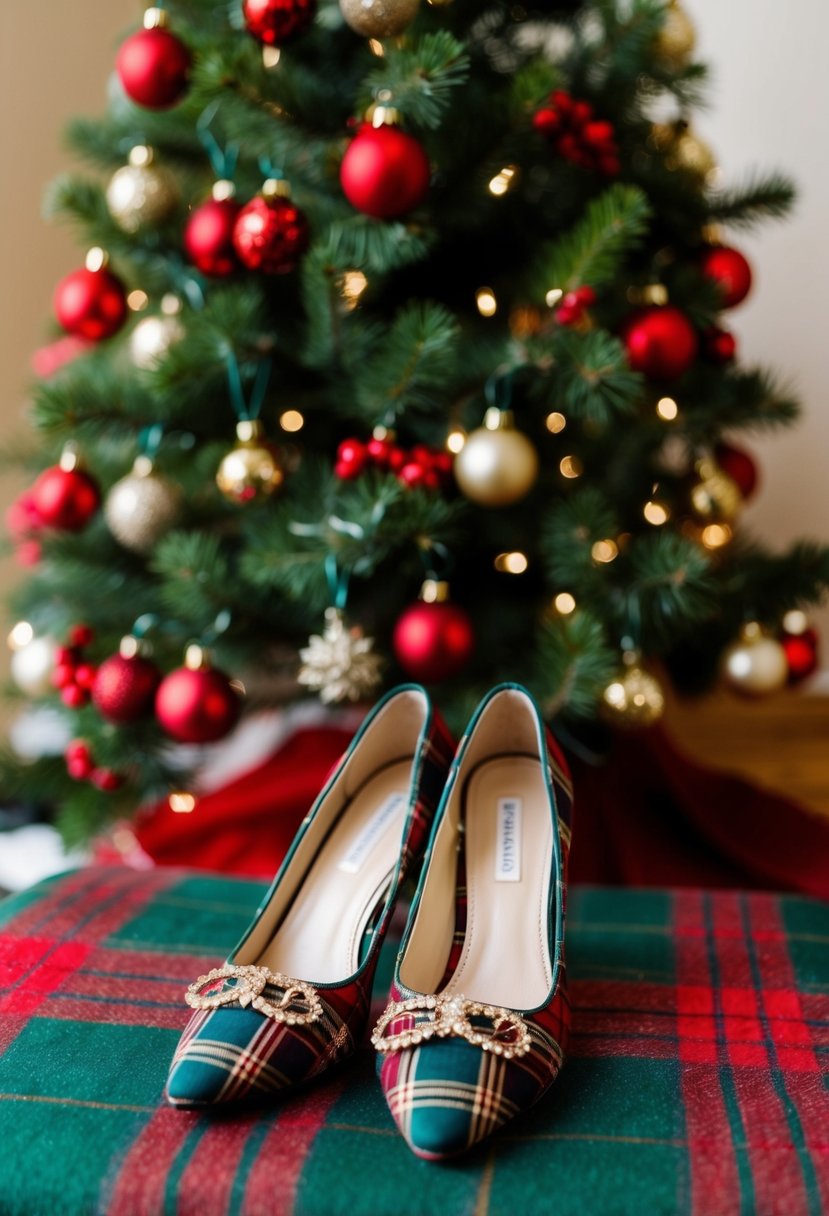 Plaid bridal shoes placed under a mistletoe-adorned Christmas tree