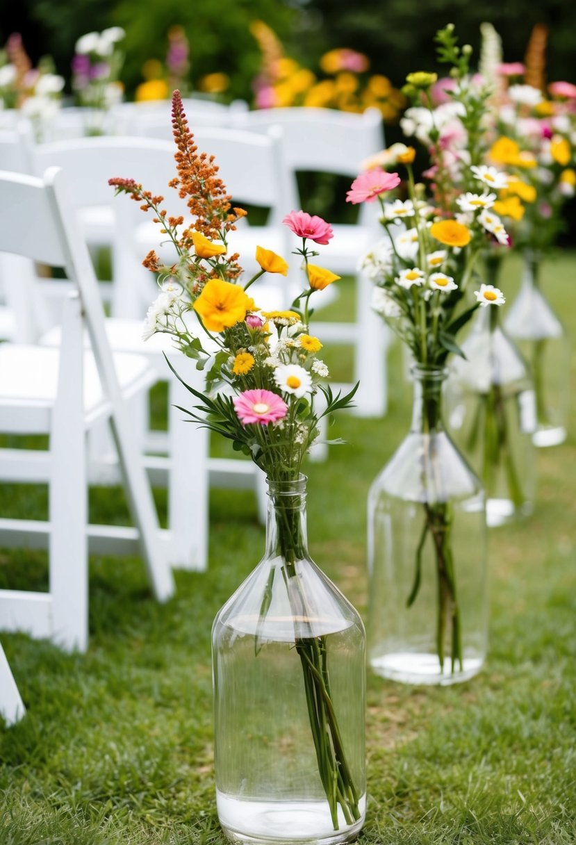 Wildflowers in clear vases line the aisle, creating a boho wedding atmosphere