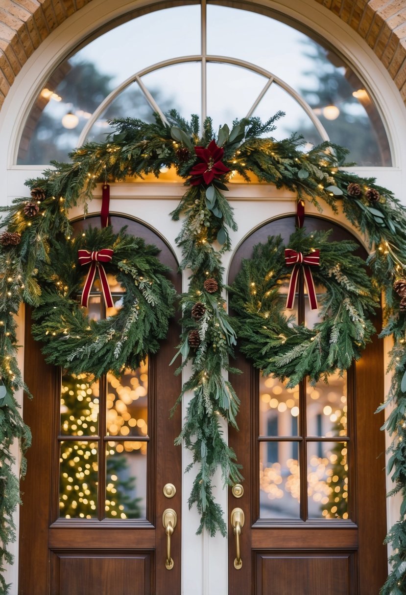 Wreaths hang from every door and arch, adorned with festive greenery and twinkling lights, creating a charming atmosphere for a Christmas wedding