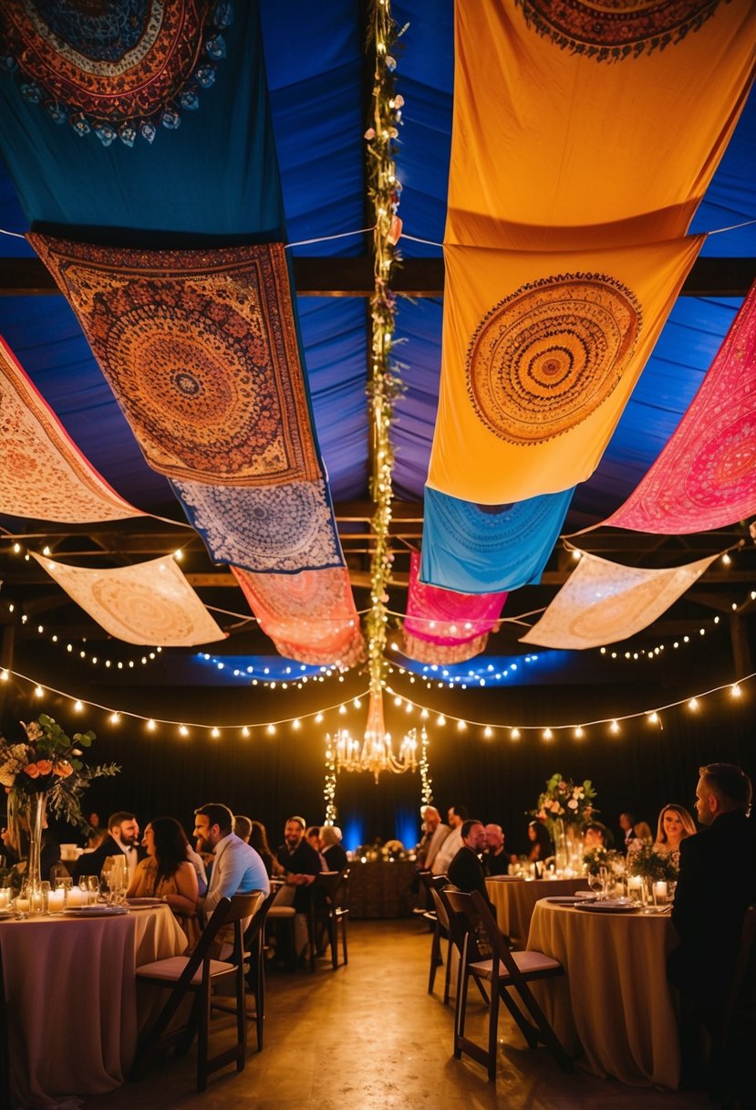 Colorful tapestries hung from the ceiling, casting warm, ambient light over a bohemian wedding reception