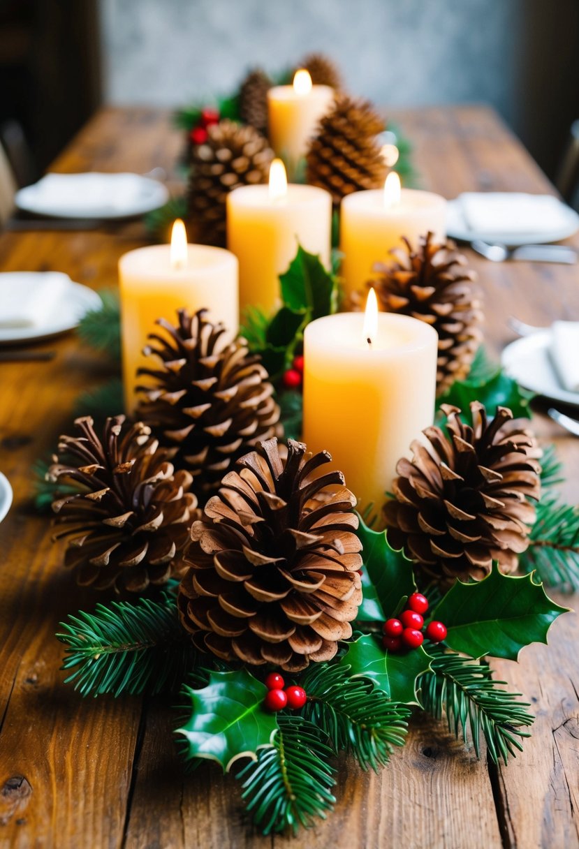 Pine cones, holly, and candles arranged on a rustic wooden table for a Christmas wedding centerpiece