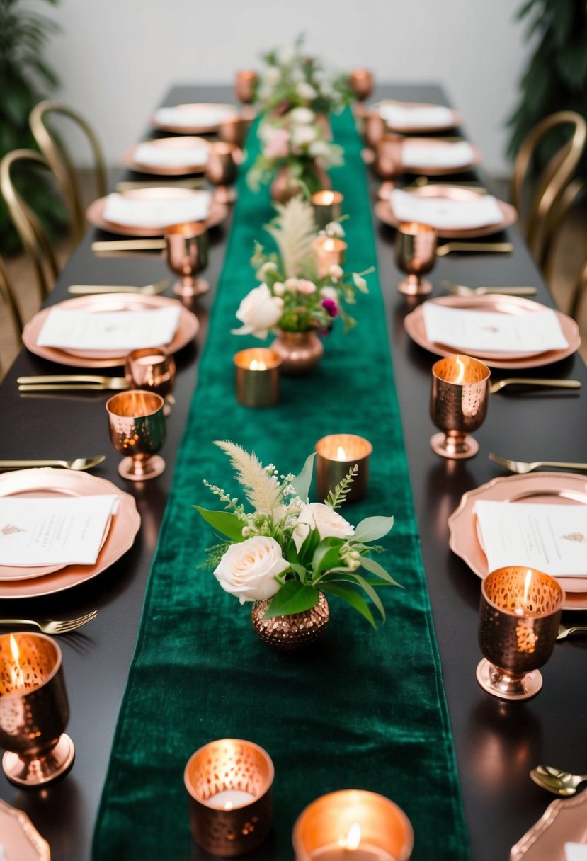 A lush emerald velvet table runner is adorned with copper candle holders and delicate bohemian-inspired floral arrangements