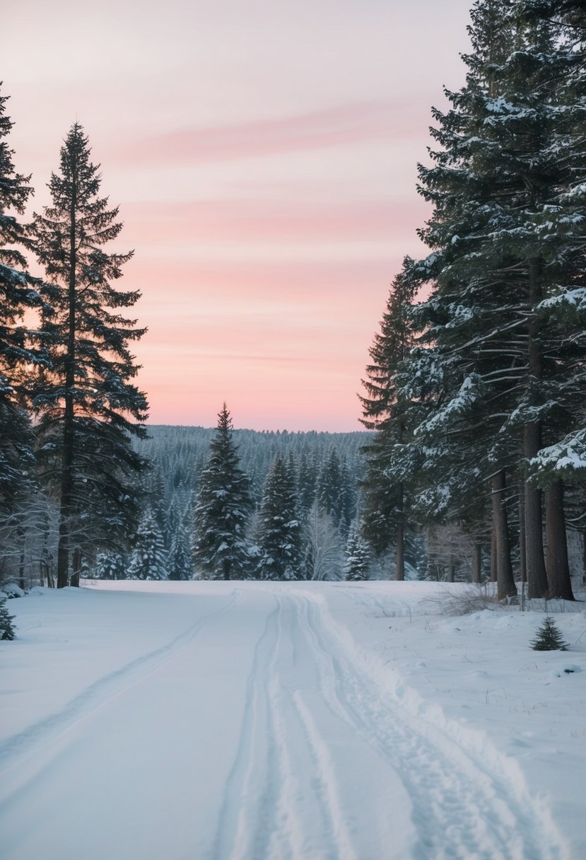 A snowy forest clearing with evergreen trees, a dusting of snow, and a soft, pink sunset in the background