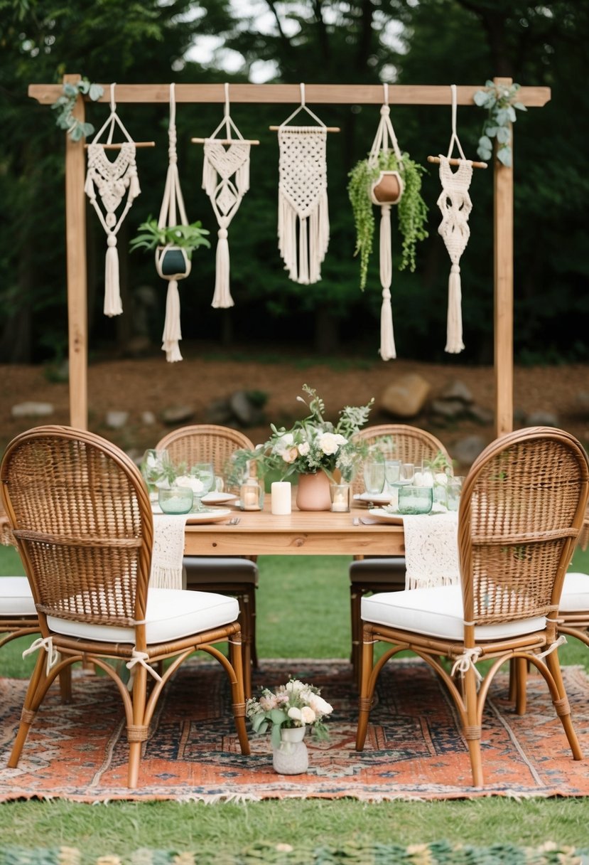 A cozy outdoor setting with wicker chairs, macrame plant hangers, and bohemian rugs for a rustic boho wedding