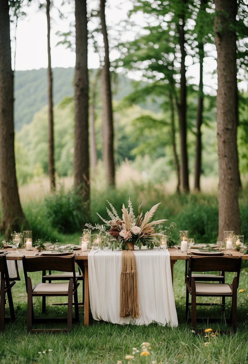 A serene boho wedding set in a lush forest clearing, with earthy tones of green, brown, and beige. Wildflowers and rustic decor adorn the space