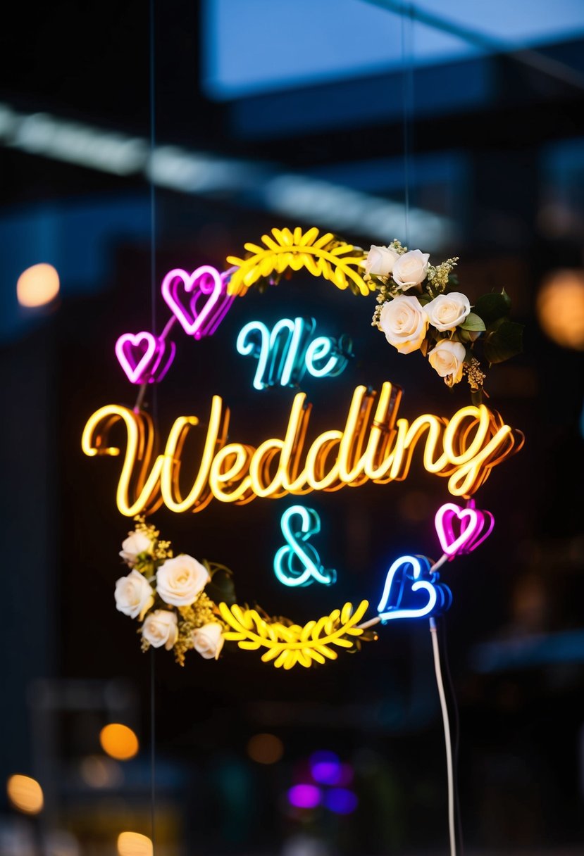 A colorful neon sign with wedding-related imagery and decorative elements glowing against a dark background