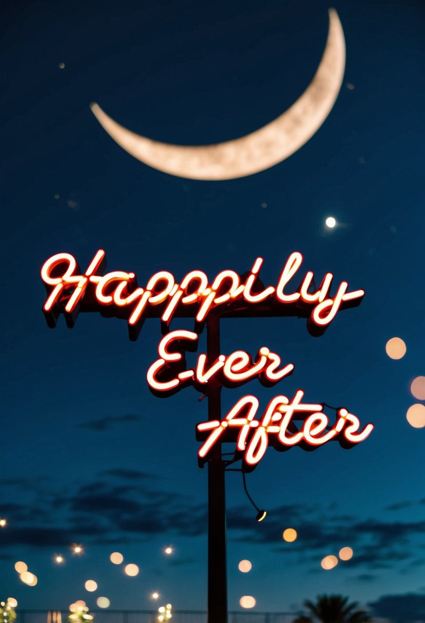 A neon sign glowing with the words "Happily Ever After" against a dark night sky, surrounded by twinkling stars and a crescent moon