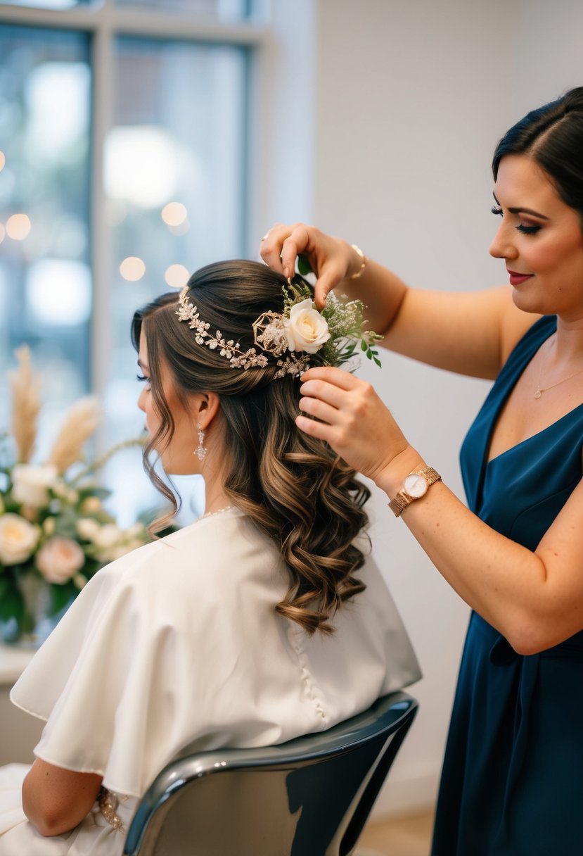 A hairstylist arranging bridal hair with flowers and accessories