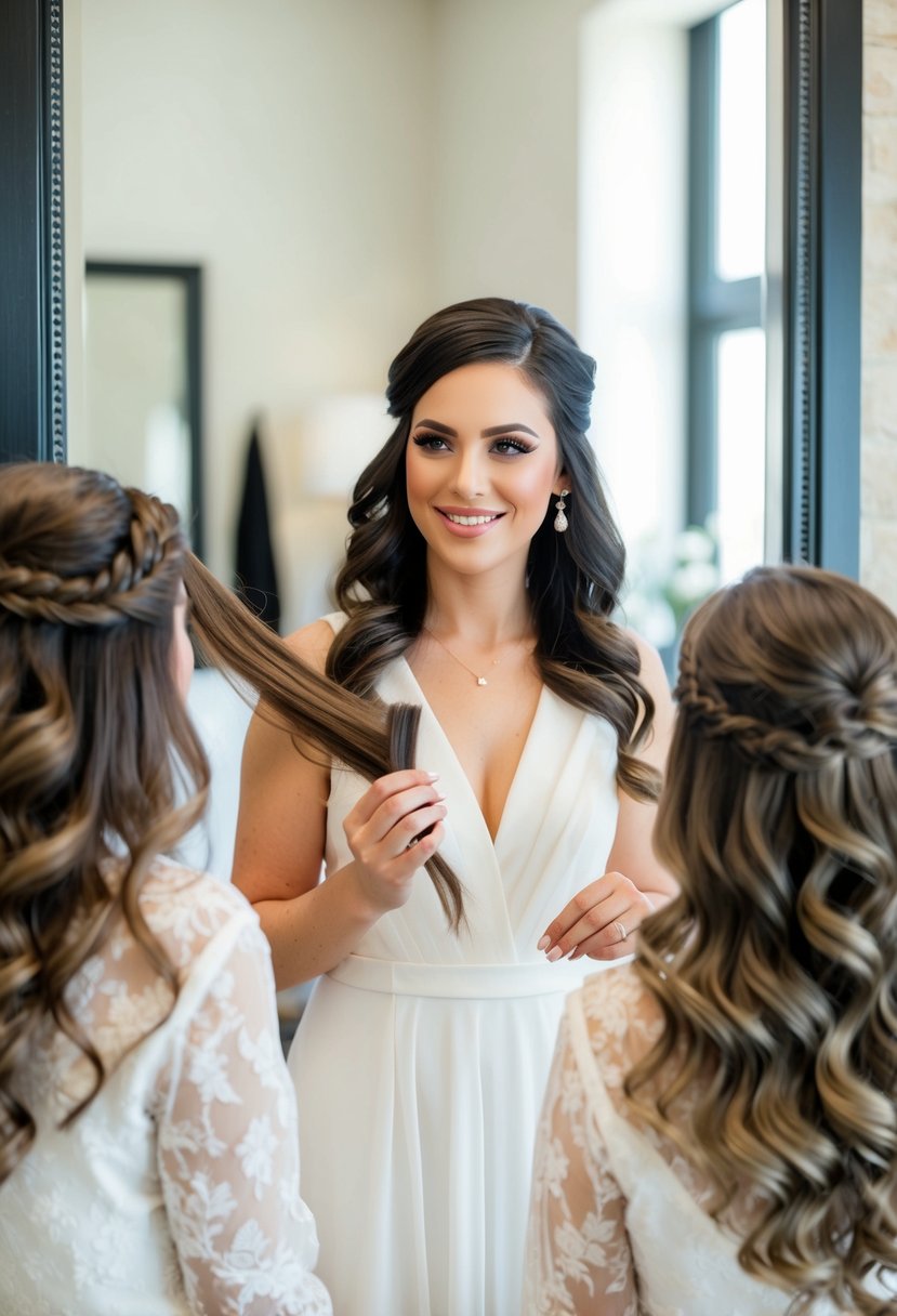 A hairstylist and a bride-to-be stand in front of a mirror, experimenting with different hairstyles and discussing options for the upcoming wedding day