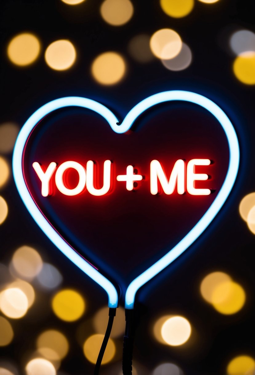 A heart-shaped neon sign with "You + Me" in bright colors against a dark background, surrounded by twinkling lights