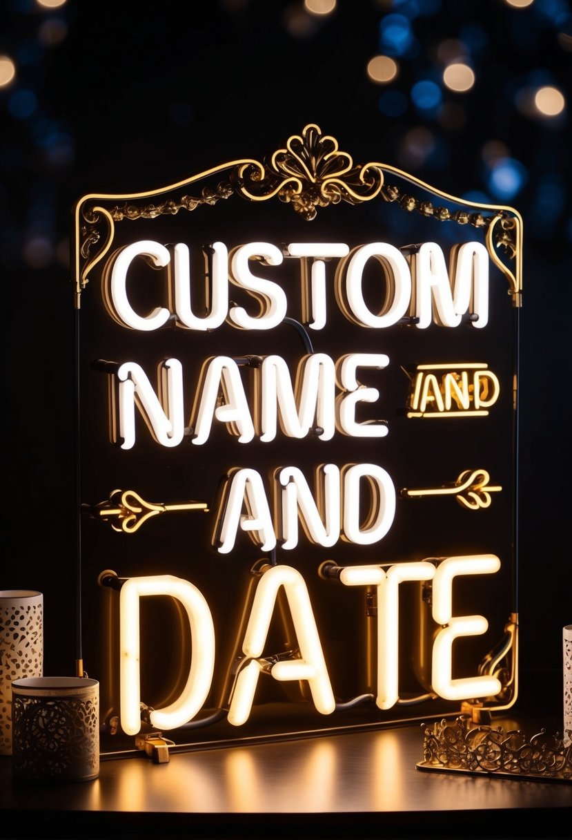 A glowing neon sign with "Custom Name and Date" in bold letters, surrounded by decorative elements, set against a dark background