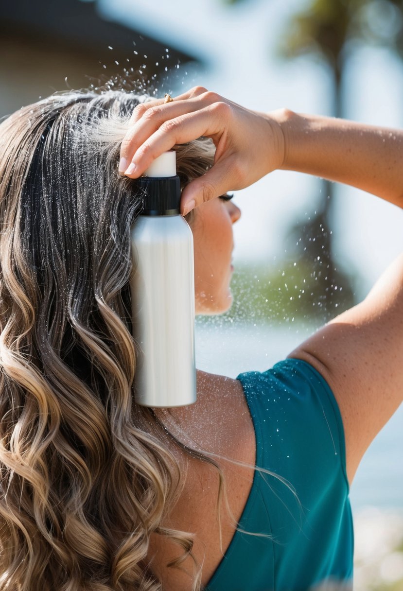 A woman sprays dry shampoo into her hair, creating volume and texture for her wedding day hairstyle