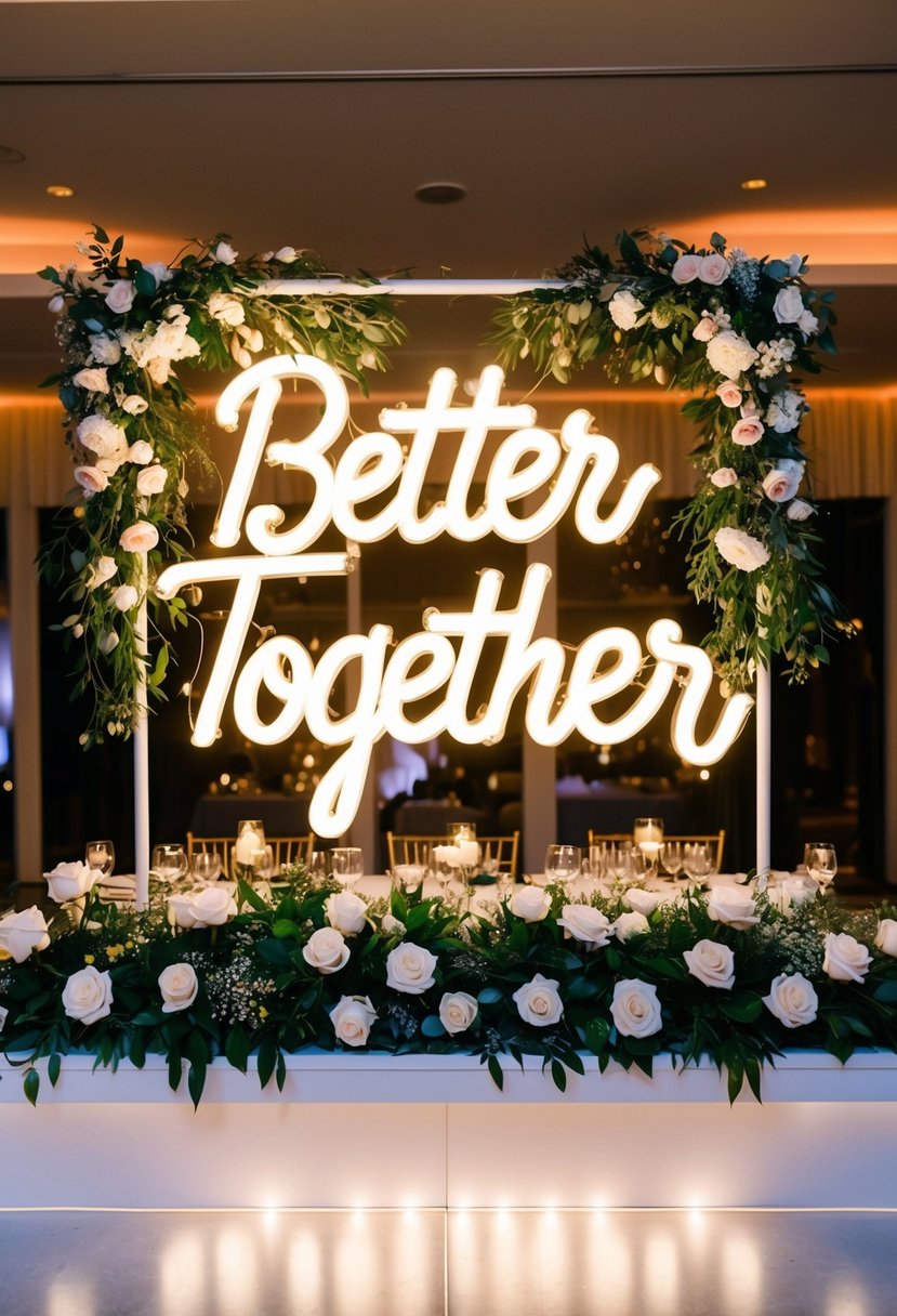 A wedding reception with a neon sign that reads "Better Together" surrounded by flowers and twinkling lights