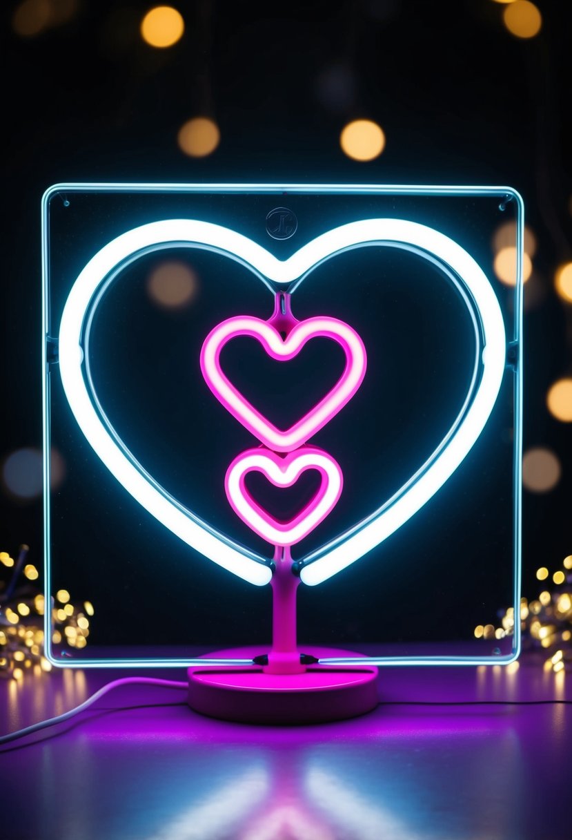 A neon sign featuring initials connected by heart shapes, set against a dark background with a romantic and celebratory atmosphere