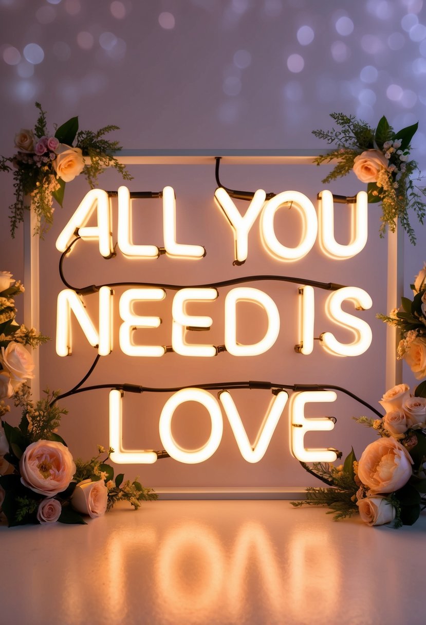 A glowing neon sign with the words "All You Need is Love" surrounded by romantic decor and flowers