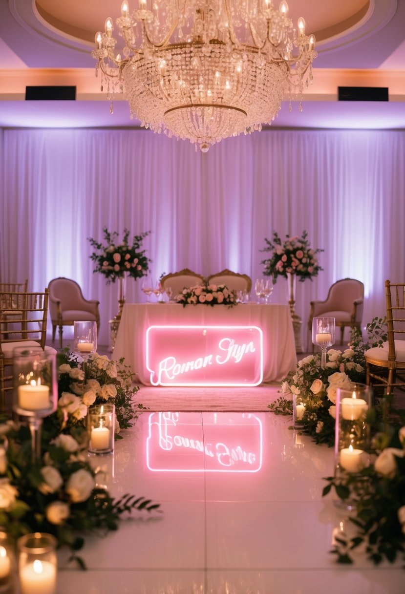 A romantic wedding setup with a neon sign as the focal point, surrounded by elegant decor and soft lighting