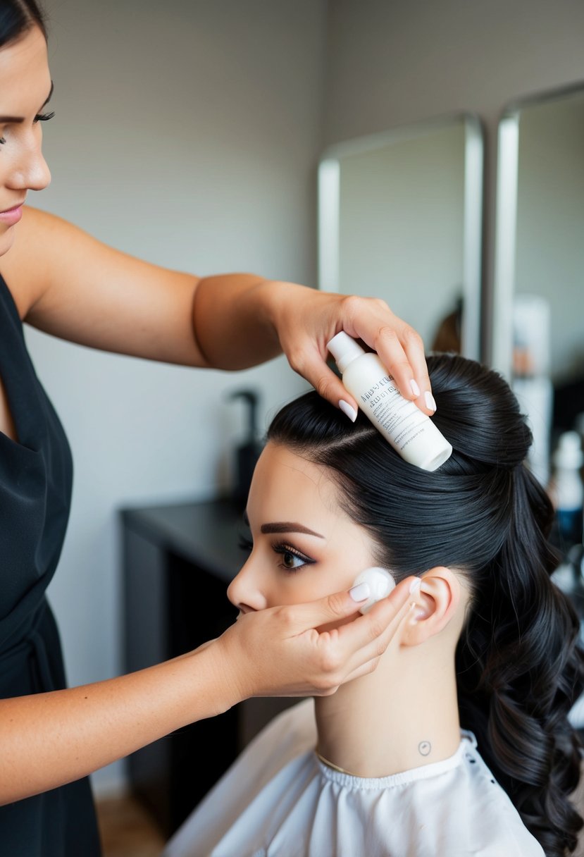 A hairstylist's hand applies setting lotion to a mannequin head's hair, preparing for a long-lasting wedding day style