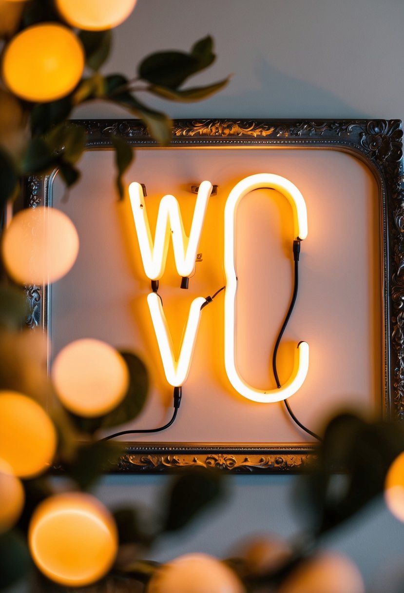 A glowing neon sign with the initials of the couple, surrounded by decorative elements and highlighted by soft, warm lighting