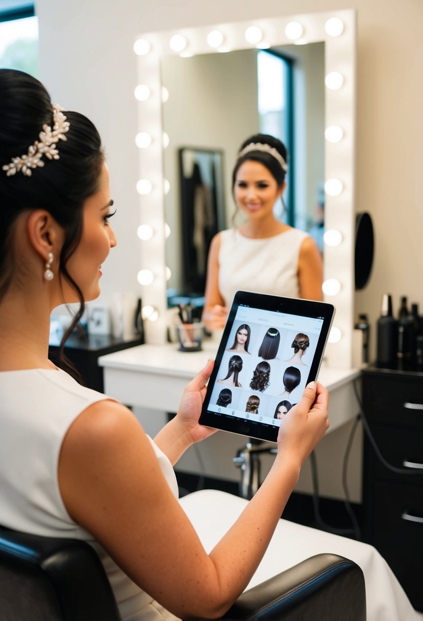 A bride sitting in a salon chair, showing hairstylist photos of various wedding hairstyles on a tablet. Mirror in the background