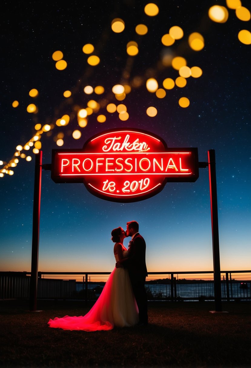 A romantic evening wedding scene with a neon sign glowing against a starry night sky