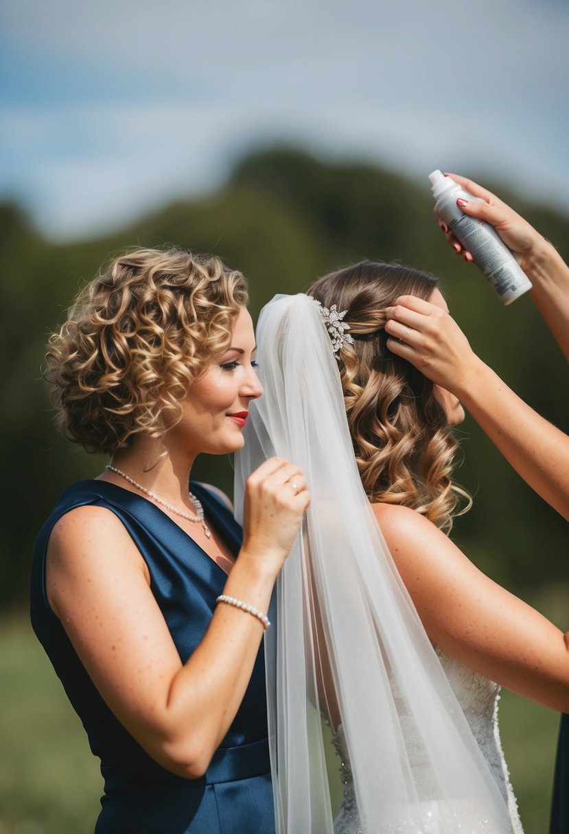 A woman with curly hair adjusts her veil in the wind, while another with straight hair uses hairspray to keep her style in place