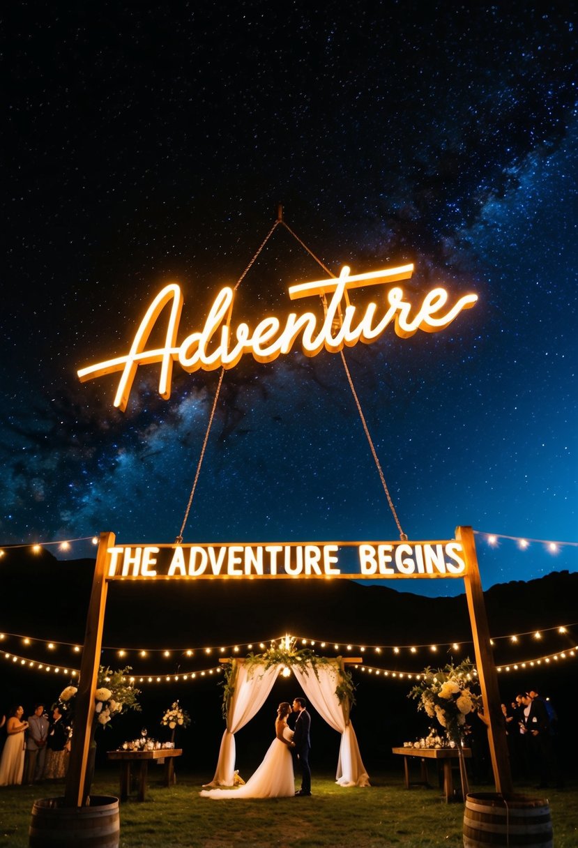 A starry night sky with a glowing neon sign "The Adventure Begins" above a rustic outdoor wedding venue