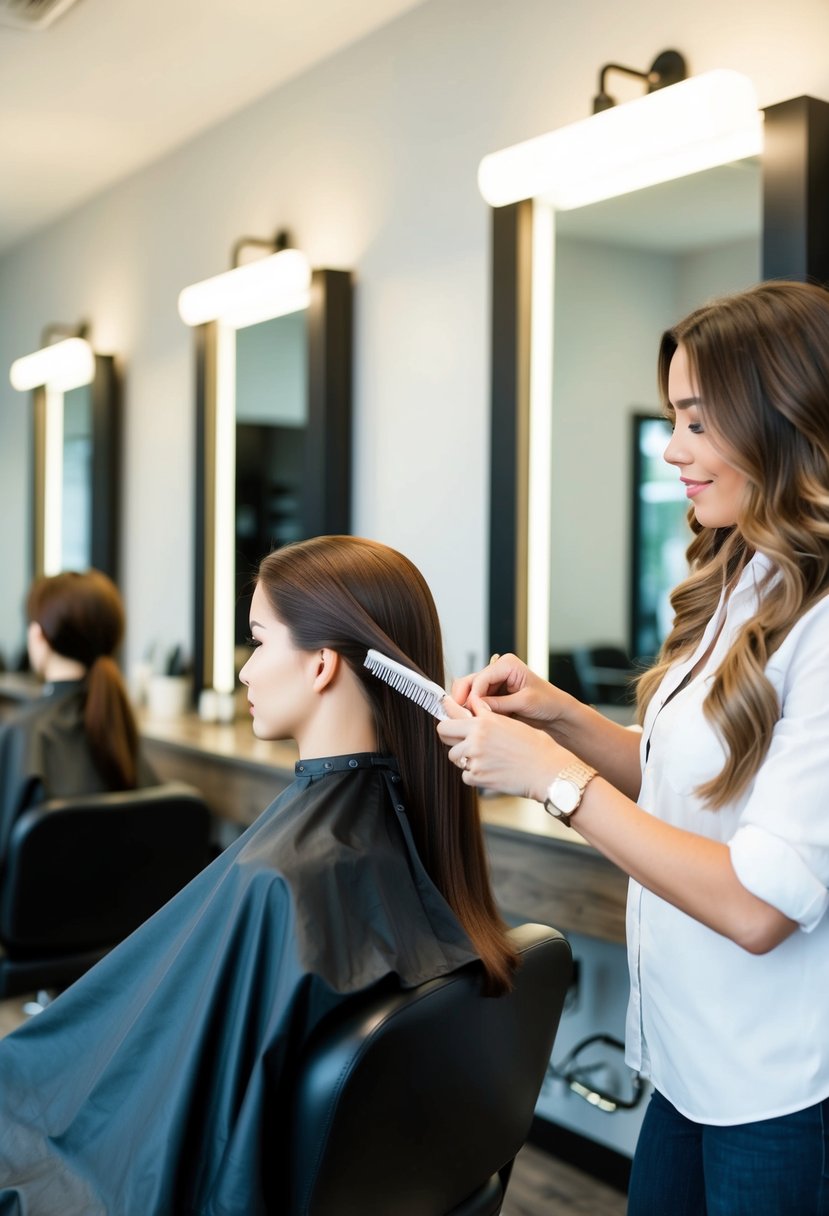 A cozy, modern hair salon with large mirrors and comfortable chairs. A stylist carefully trims the ends of a mannequin's long, flowing hair