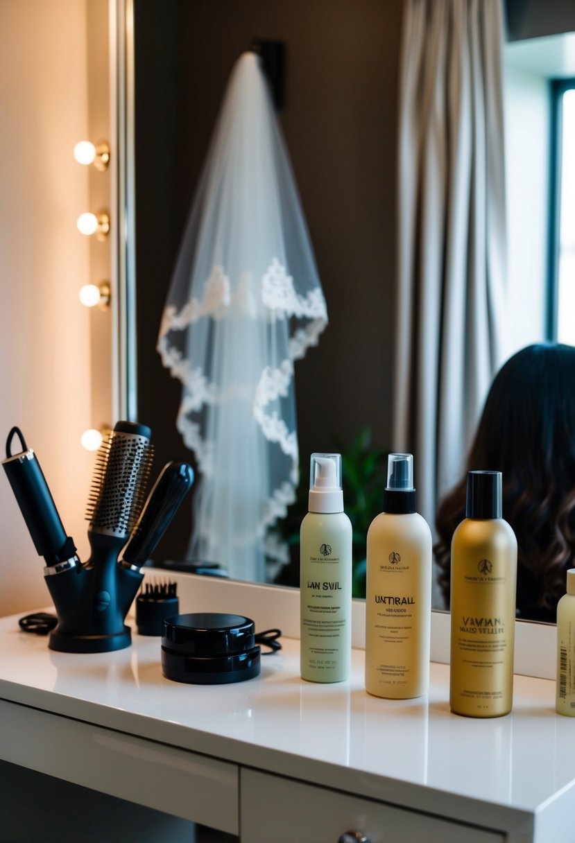 A woman's haircare routine: heat styling tools stored away, natural hair products on a vanity, a bridal veil hanging in the background