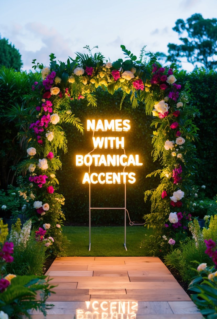 A lush, blooming garden with vibrant flowers and foliage surrounds a glowing neon sign spelling out "Names with Botanical Accents" for a wedding celebration