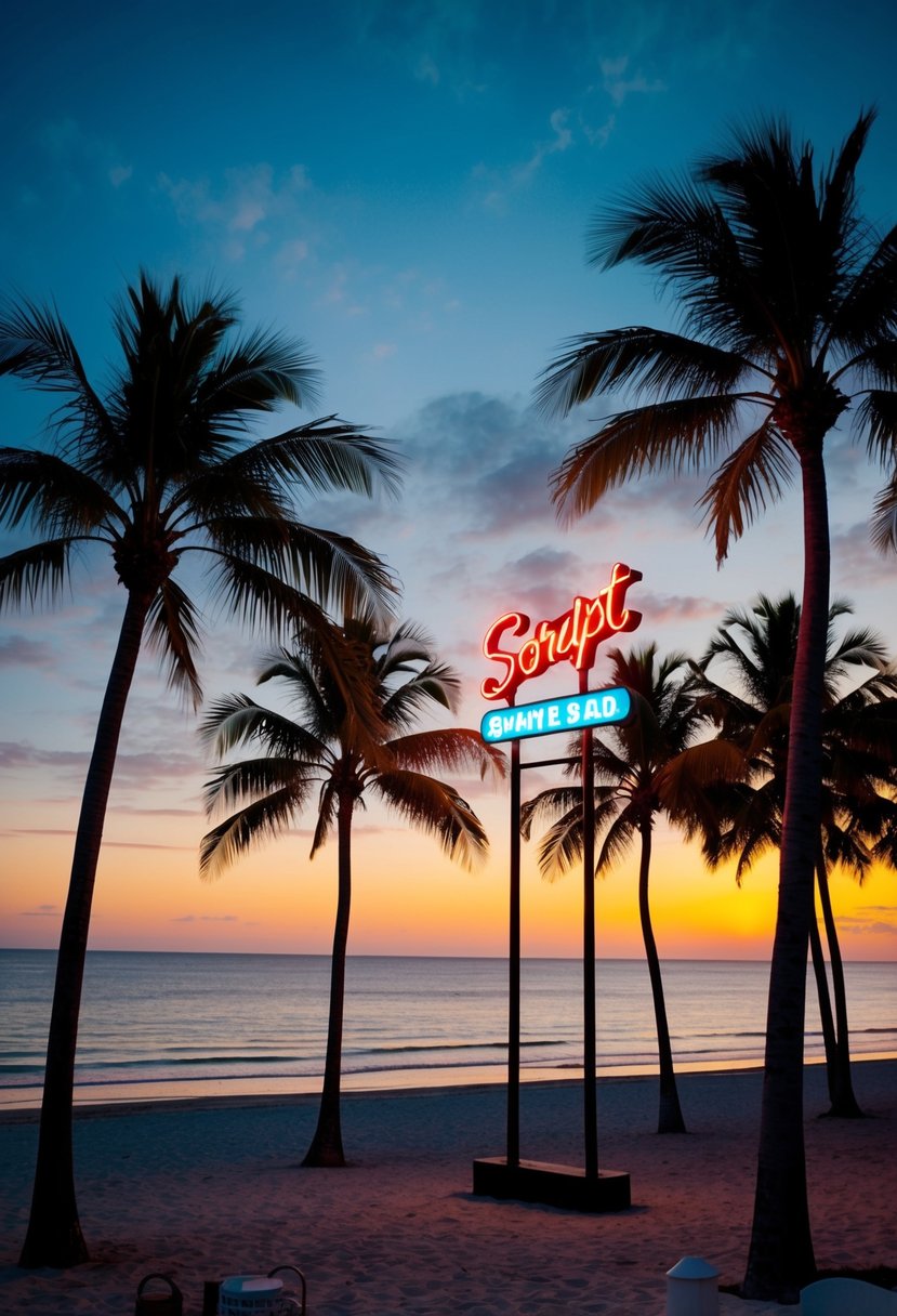 A palm tree-lined beach at sunset, with a neon sign in script font glowing against the darkening sky