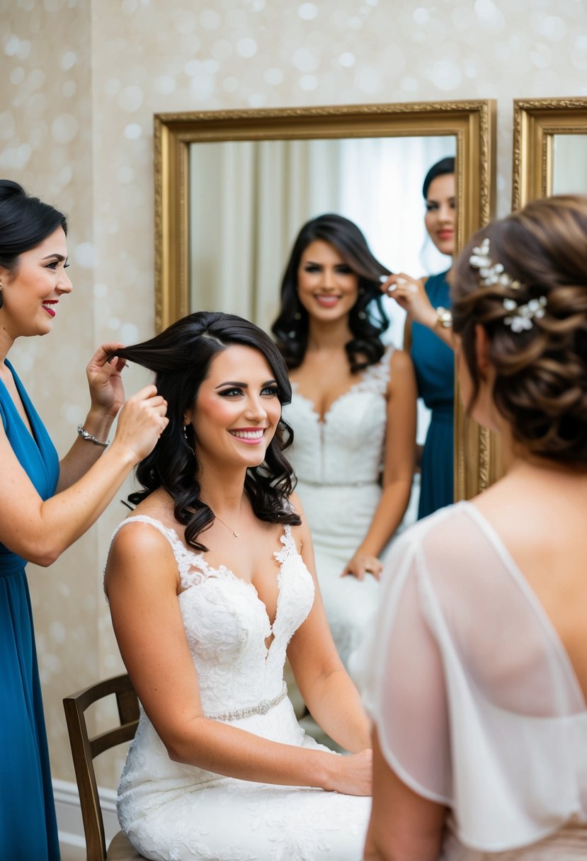 A bride sitting in front of a mirror, smiling as she tries on different hairstyles, with a hairstylist standing by offering suggestions