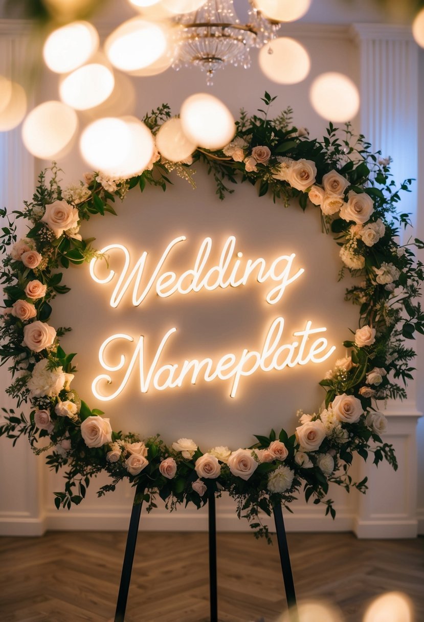 An ornate, glowing neon sign with elegant script spelling out a wedding nameplate, surrounded by soft, romantic lighting and delicate floral accents