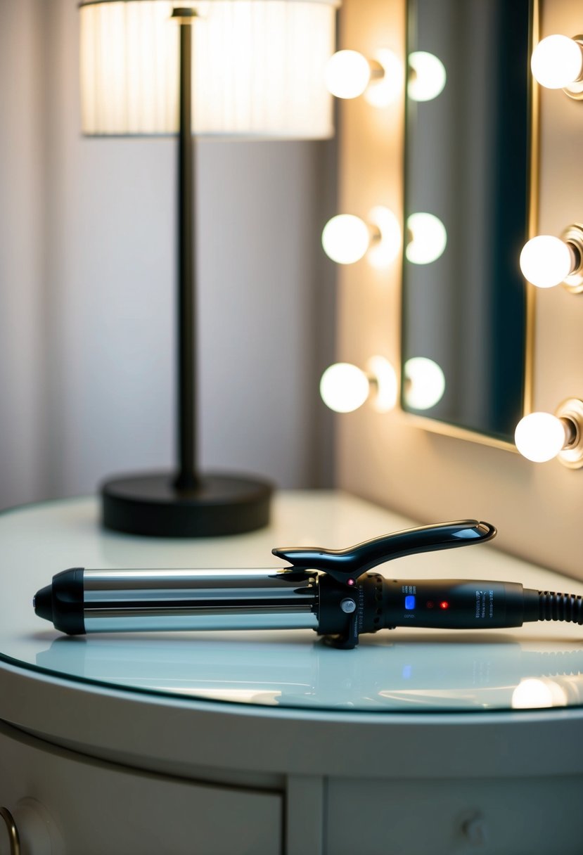 A 1-inch curling iron heats up on a vanity table, ready for use