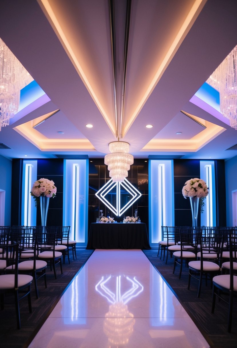 A sleek, geometric neon sign illuminates a modern wedding venue with Art Deco-inspired design elements and a vibrant color palette