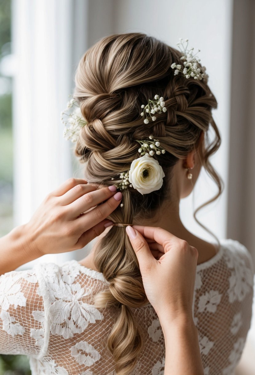 A woman's hands deftly weave a braided bun, adorned with delicate flowers, creating an elegant and romantic wedding day hairstyle