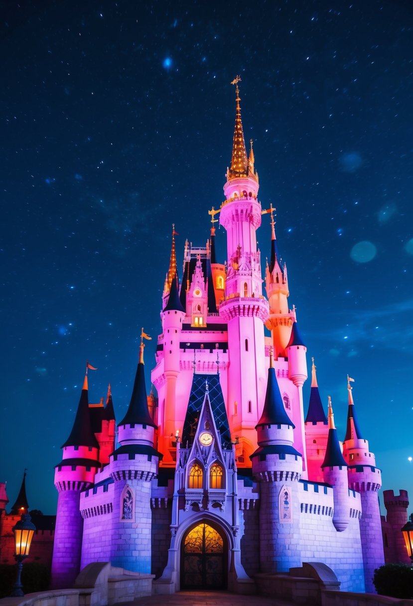 A majestic fairy tale castle with glowing neon lights, set against a starry night sky