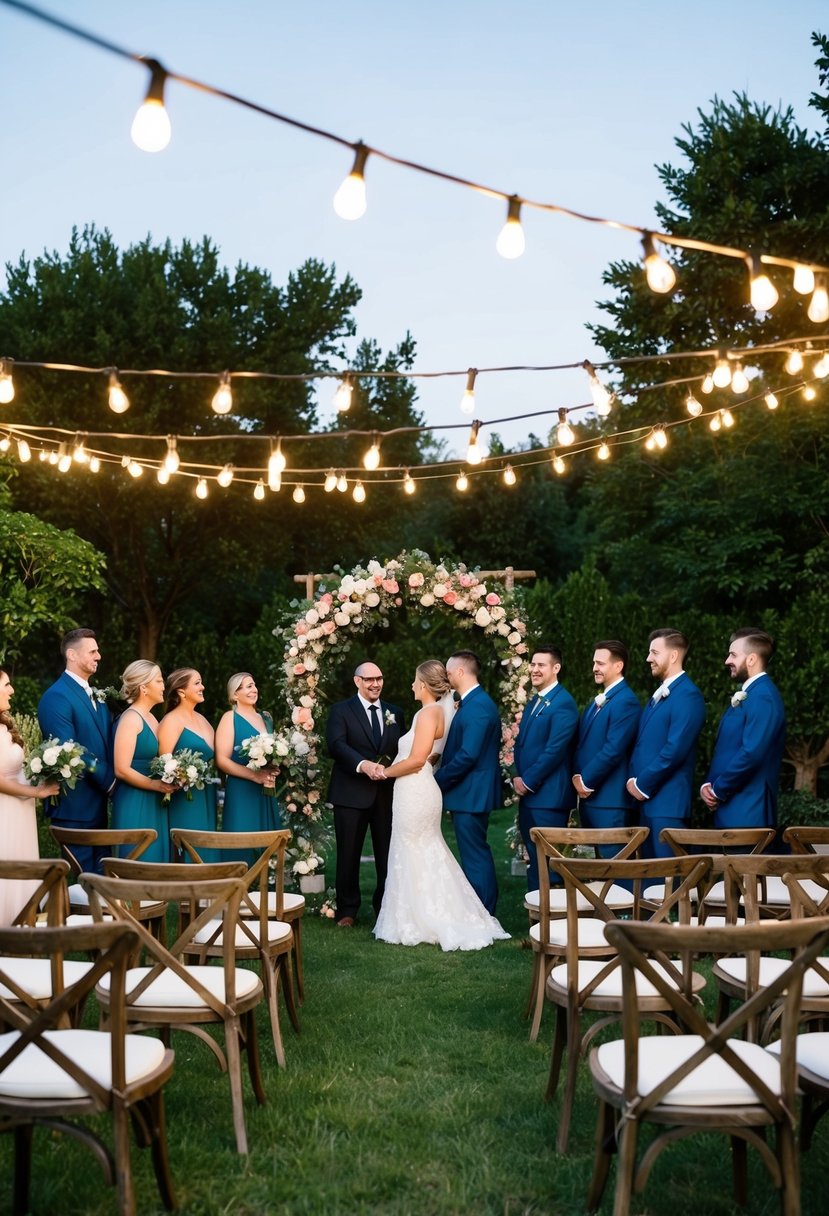 A cozy backyard wedding with string lights, a floral arch, and rustic wooden chairs set up for the ceremony