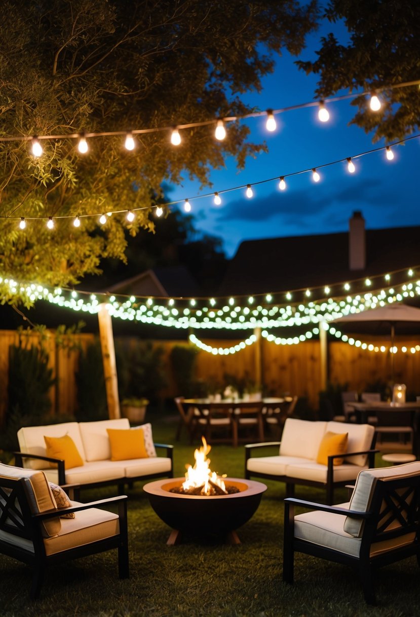 A backyard wedding with twinkling lights, cozy seating areas, and a fire pit for mingling under the stars