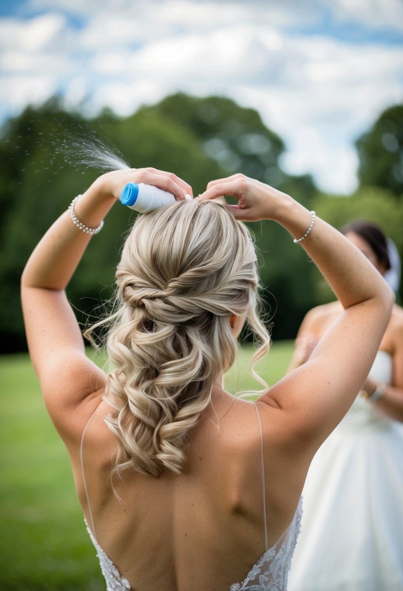 A bride's hair sprayed in place, bracing for hugs and wind on her wedding day