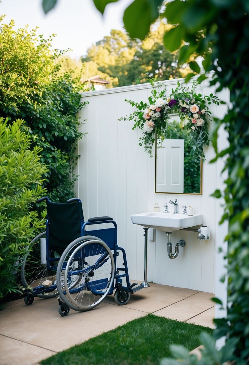 A backyard wedding with a wheelchair-accessible bathroom, surrounded by lush greenery and elegant decor