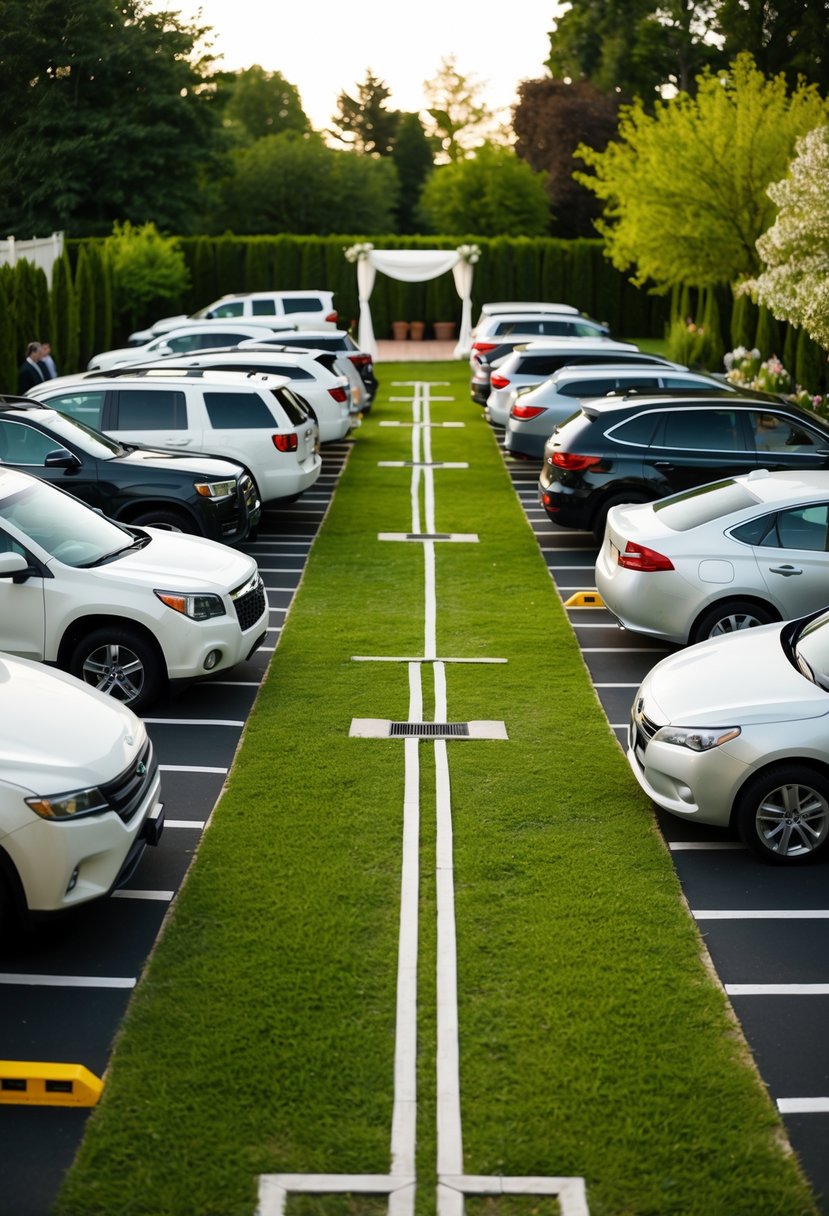 A backyard wedding with a carefully planned parking layout, featuring designated spaces for guests' vehicles and clear pathways for traffic flow