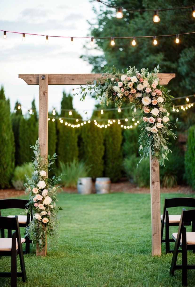 A cozy backyard with a rustic wooden arch adorned with flowers, string lights, and seating for a small guest list wedding