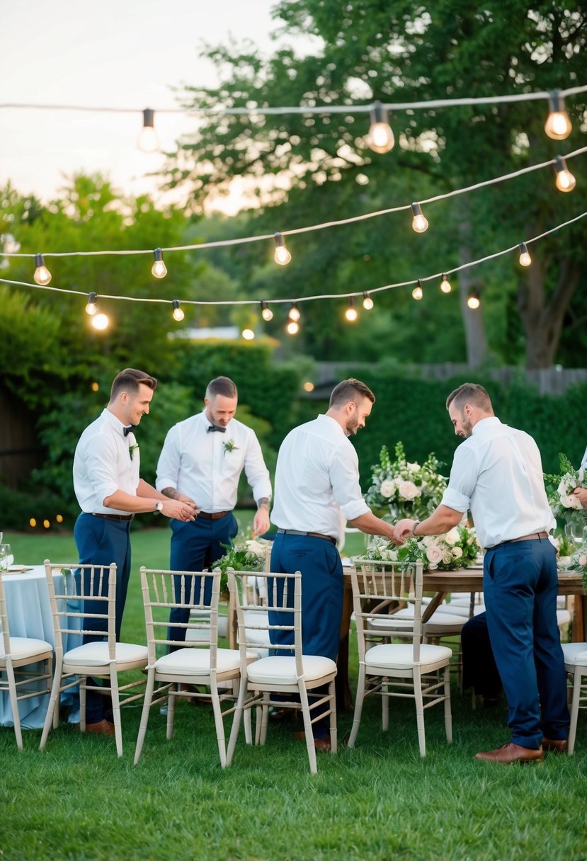 A group of helpers setting up chairs, arranging flowers, and hanging lights in a backyard for a wedding