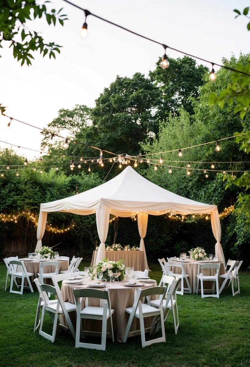 A backyard wedding with rented essential furniture set up under a canopy, surrounded by twinkling lights and lush greenery