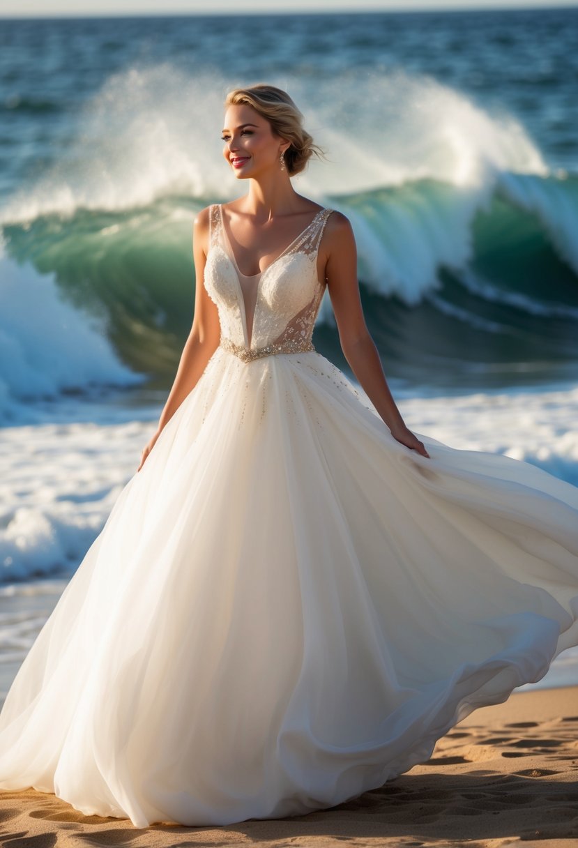 A flowing white gown billows in the ocean breeze, adorned with delicate lace and shimmering beads, set against a backdrop of crashing waves and golden sand