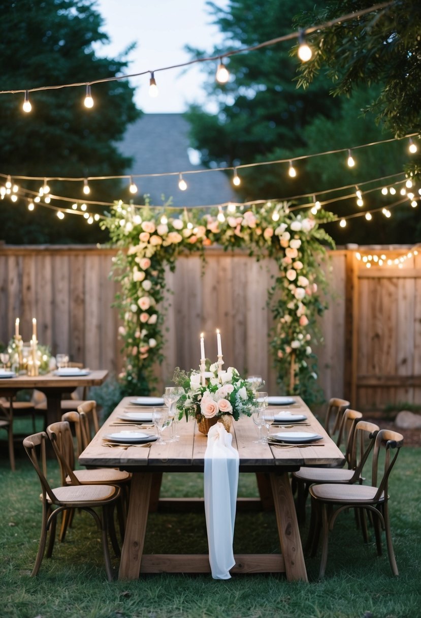 A cozy backyard set-up with twinkling lights, rustic wooden tables, and a floral archway for an intimate wedding celebration