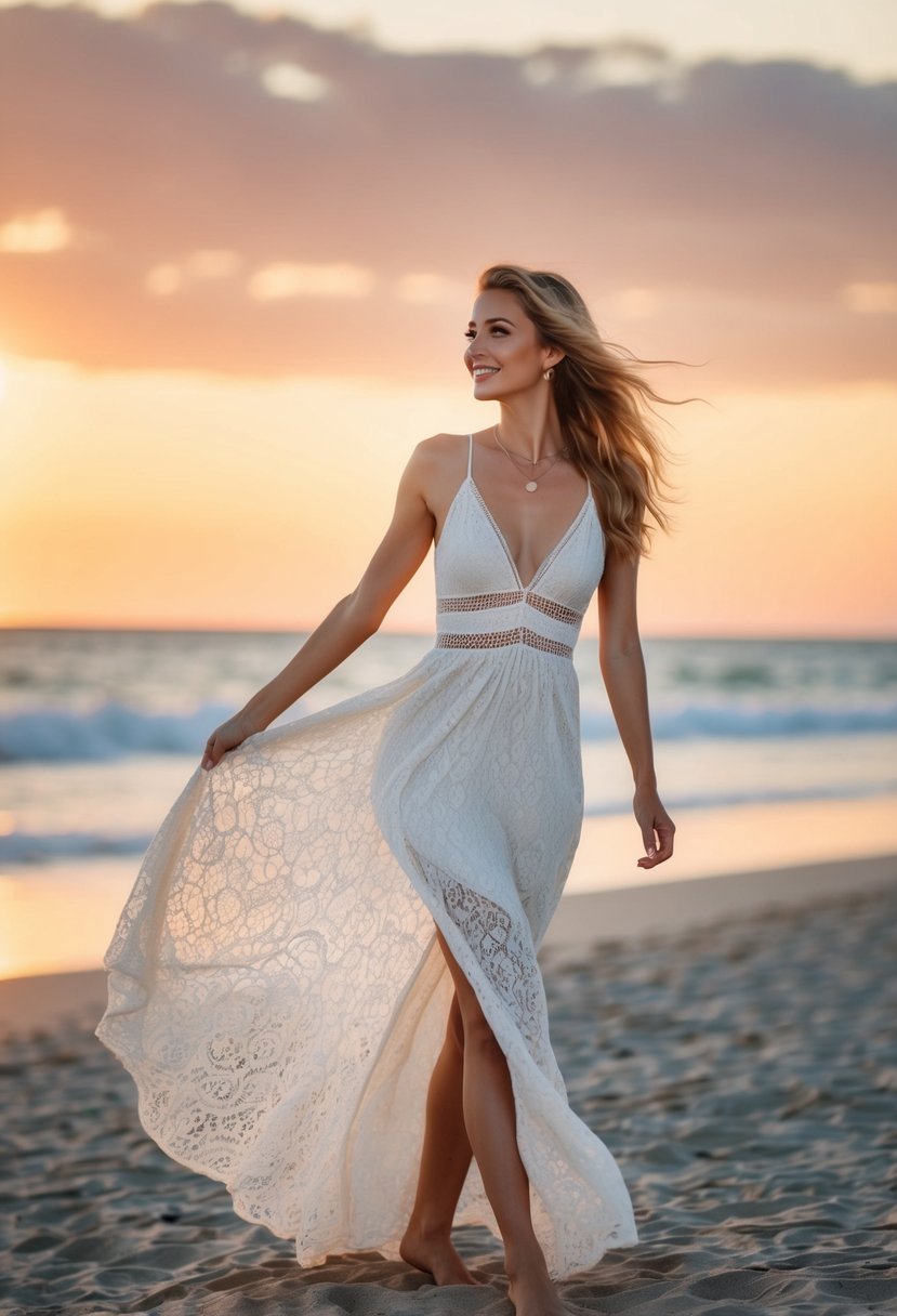 A boho lace maxi dress flowing in the breeze on a sandy beach at sunset