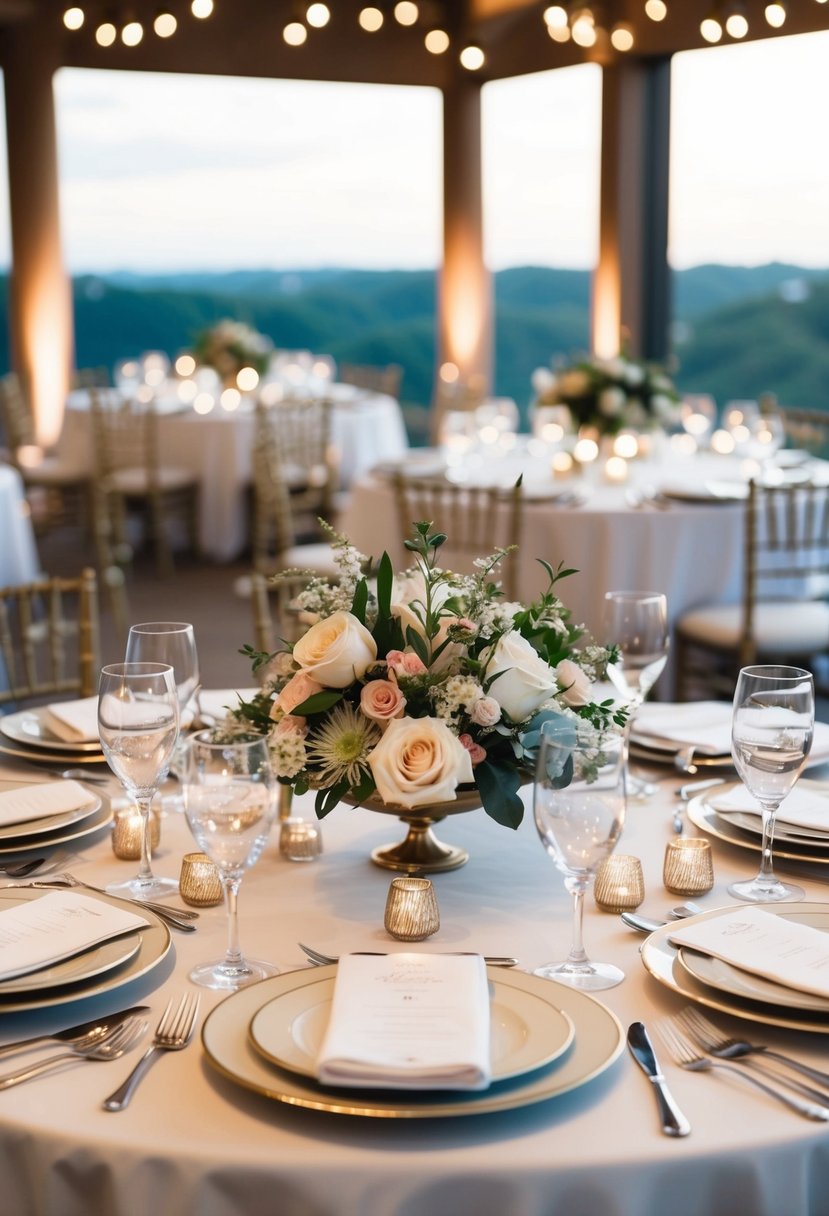 A beautifully set table with elegant place settings and a floral centerpiece, bathed in soft, romantic lighting