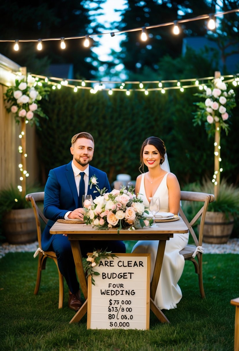 A couple sits at a table in a backyard, surrounded by twinkling lights and floral decorations. A sign displays a clear budget for their wedding