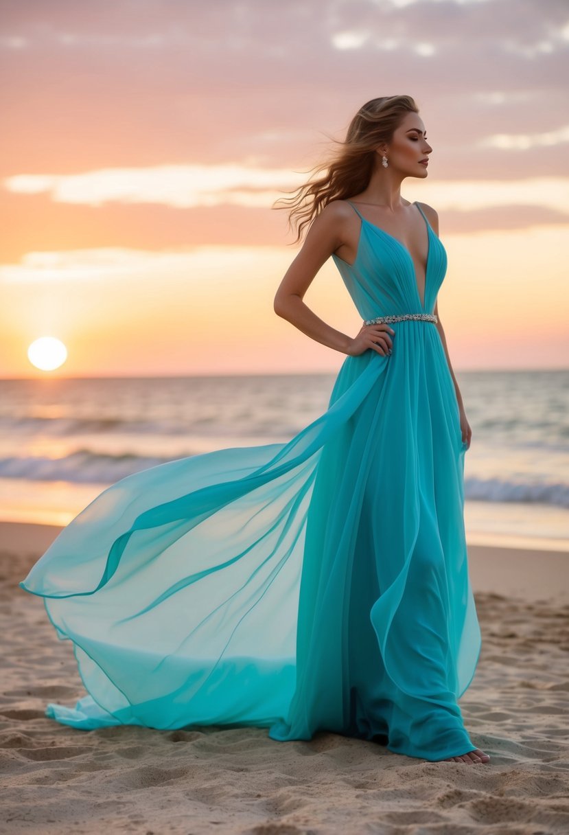 A flowing chiffon gown billows in the ocean breeze on a sandy beach, with the sun setting in the background